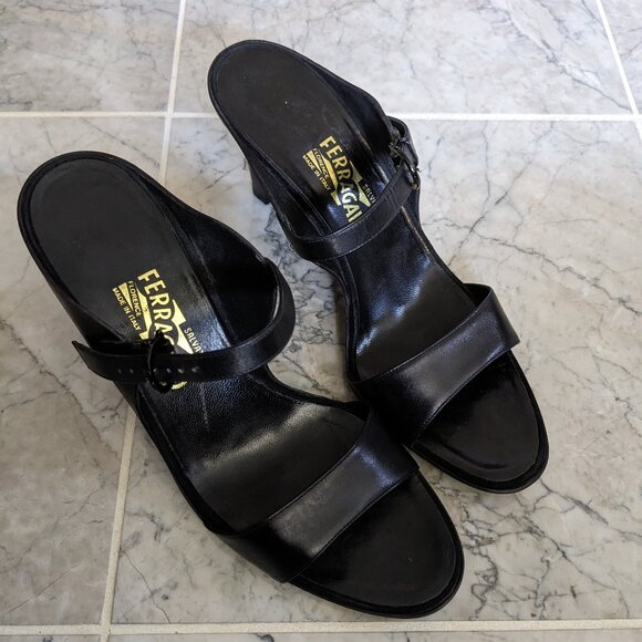 Salvador Ferragamo Shoes - Salvador Ferragamo Black Leather heel Sandals Sz 10B Like new